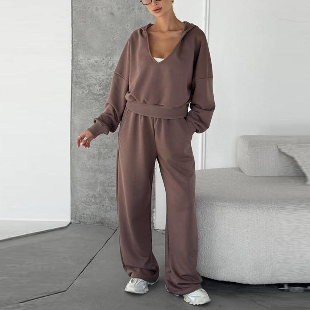 Women's Loose Slim Solid Color Long-sleeved Hooded Sweatshirt Sports Suit