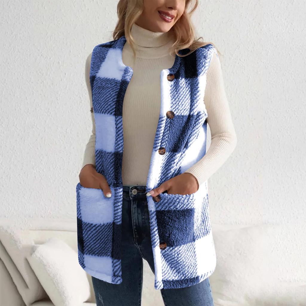 Fashionable Women's Plaid Print Double-Sided Plush Button Pocket Cardigan Casual Female Vest