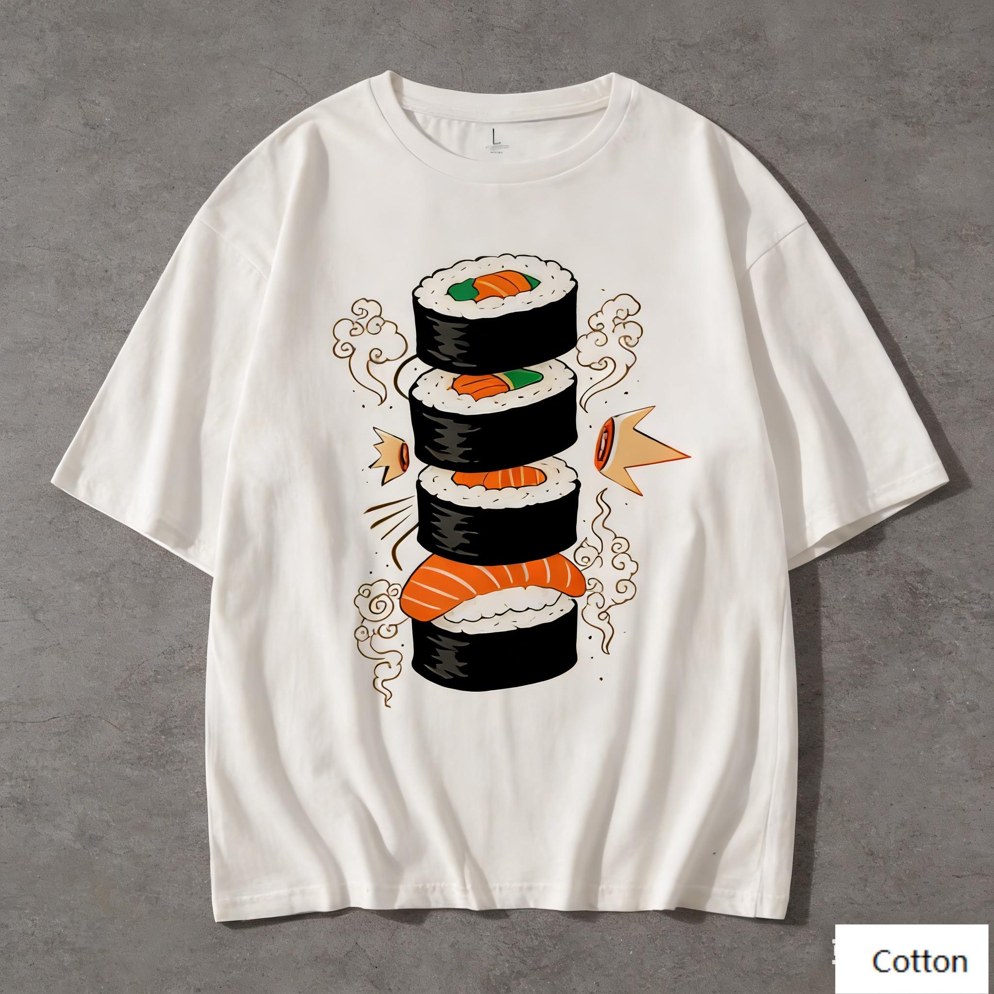 

Japanese Street Style Unisex Cotton TShirt with Sushi Cartoon Print Breathable Heavyweight Fabric Regular Fit for Foodie 4XL
