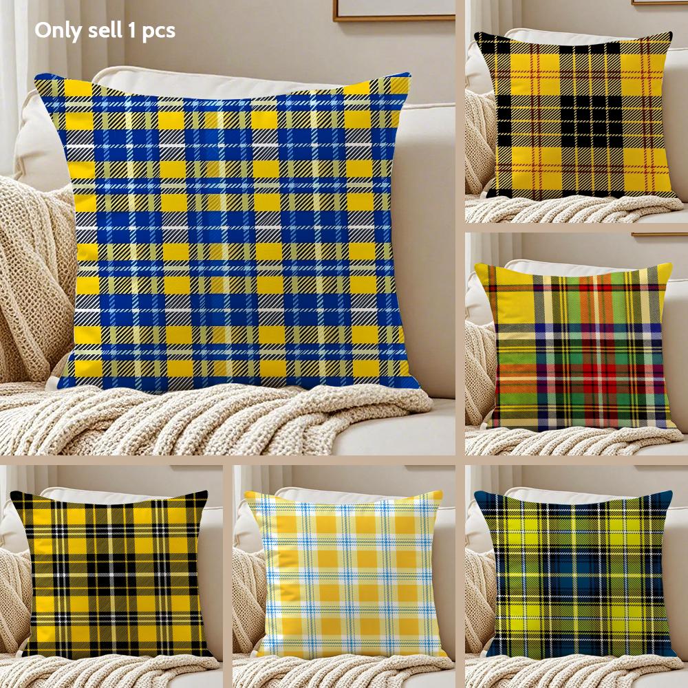 Yellow checkered Cushion Cover Silky Short Plush Sofa Pillow Cover Hidden Zipper Soft Dustproof Case for Home Decor