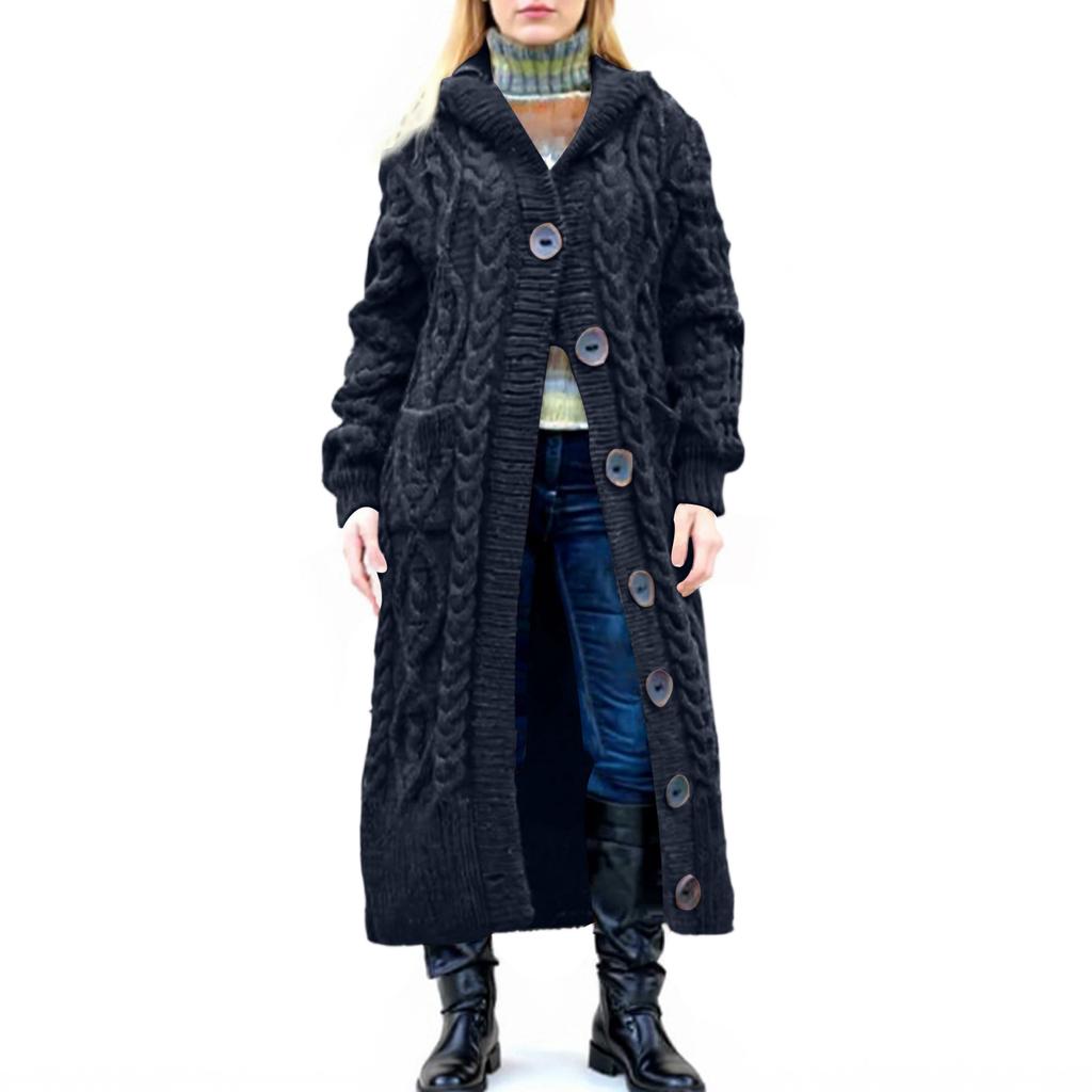 Women's Loose Button Pocket Cable Knitted Mid-length Coat