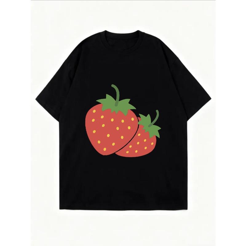 Strawberry Print T Shirt White Casual Summer Top For Women Streetwear Fashion Trendy Graphic Tee With Fruit Design Perfect For Everyday Wear