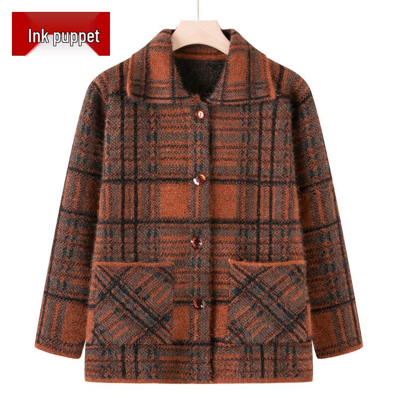 Gruby kardigan dziergany w kratę dla starszych kobiet