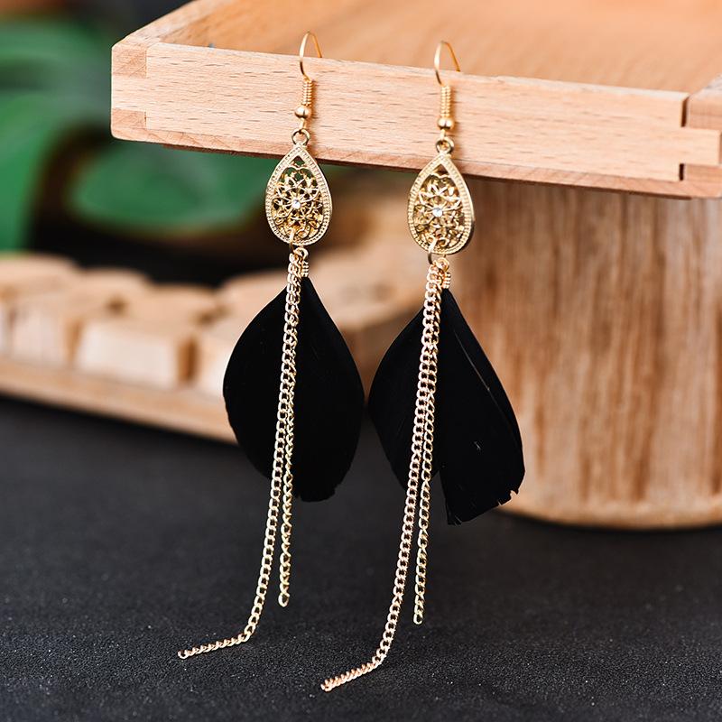 Orange Feather Earrings for Women Bohemian Vintage Water Drop Chain Tassel Dangling Earring Party Zircon 2023 New