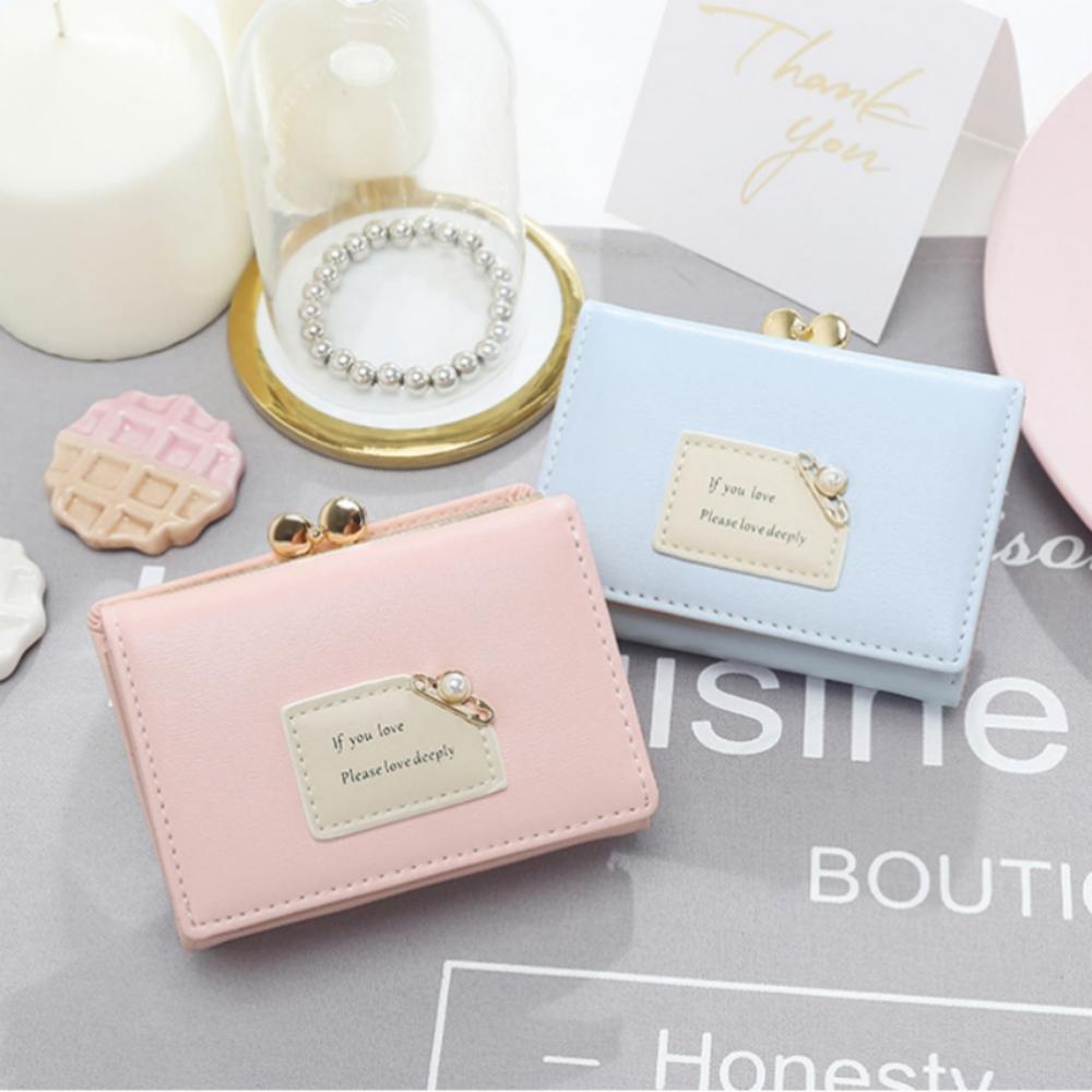 Fashion Cute Pearl Wallet Simple PU Leather Hasp Three Fold Coin Purse Card Holder For Women Girl Student Slim Coin Pocket