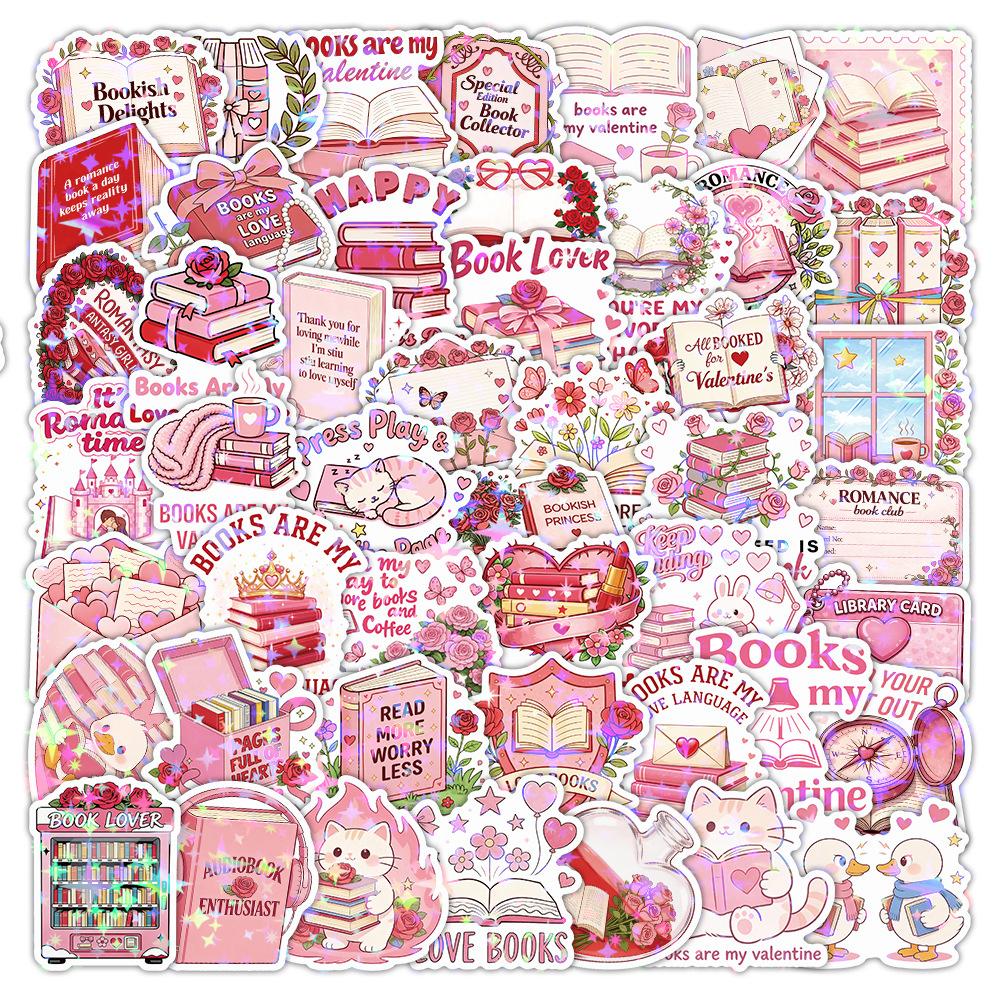 10/30/50pcs Holographic Laser Style Bookish Cartoon Stickers Cute Pink Valentine's Day Aesthetic Sticker DIY Stationery Laptop