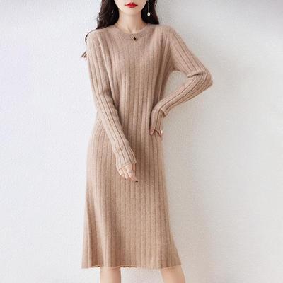 Women's Thickened Long Wool Sweater Dress - Round Neck, Slim Fit, Mid-Length, Warm Knitwear for Autumn and Winter