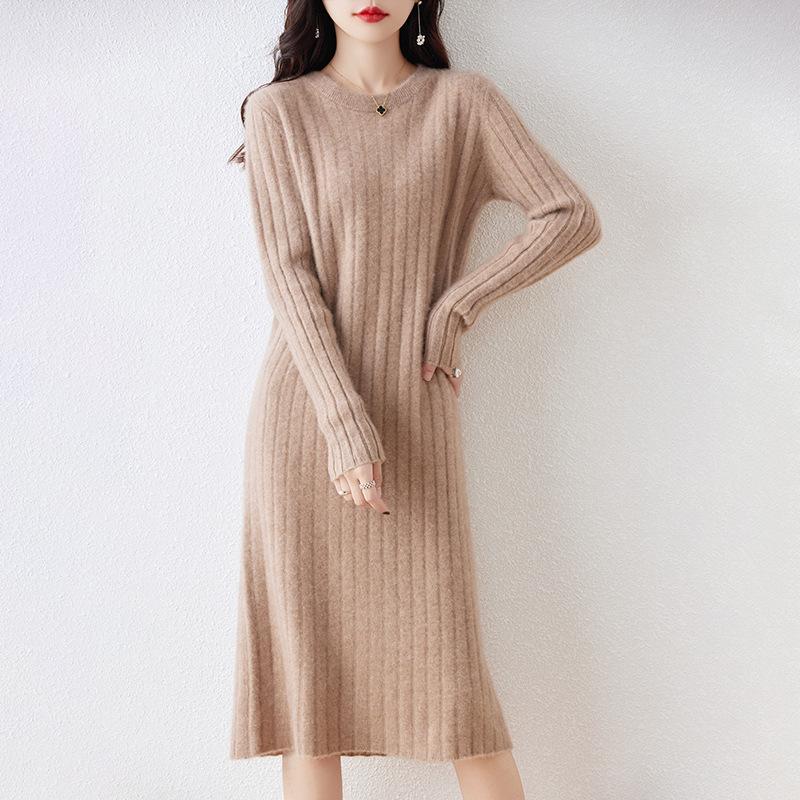 Women's Thickened Long Wool Sweater Dress - Round Neck, Slim Fit, Mid-Length, Warm Knitwear for Autumn and Winter