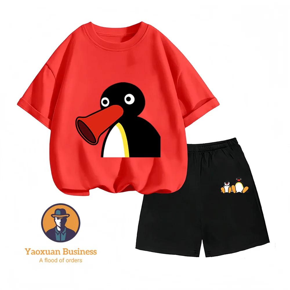 Kinder Tweestukken Set PINGU Cartoon Print Zomer Mode Hete Verkoop Jongens en Meisjes