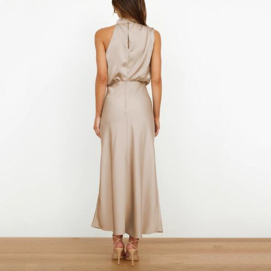 Stand Collar Halter Sleeveless Waist Tight Women Dress Smooth Satin Loose Hem Midi Evening Dress