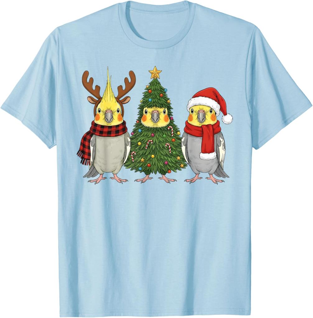 Funny Cockatiel Christmas T-Shirt Santa Reindeer Parrot Graphic Tee Unisex Casual Cotton Print