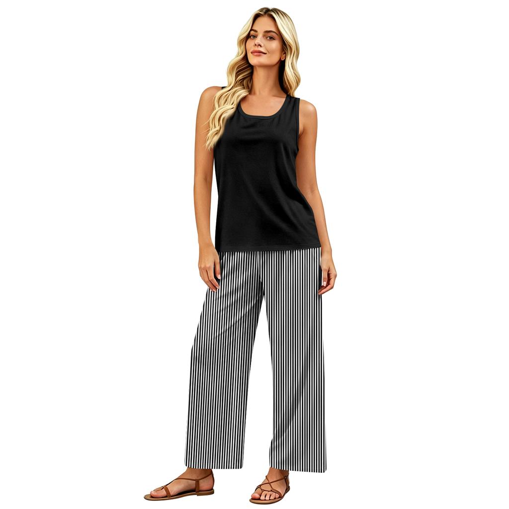 Women Sleeveless Tank Top and Striped Wide Leg Pants Two Piece Set Casual Outfit for Travel Vacation and Home Relaxation