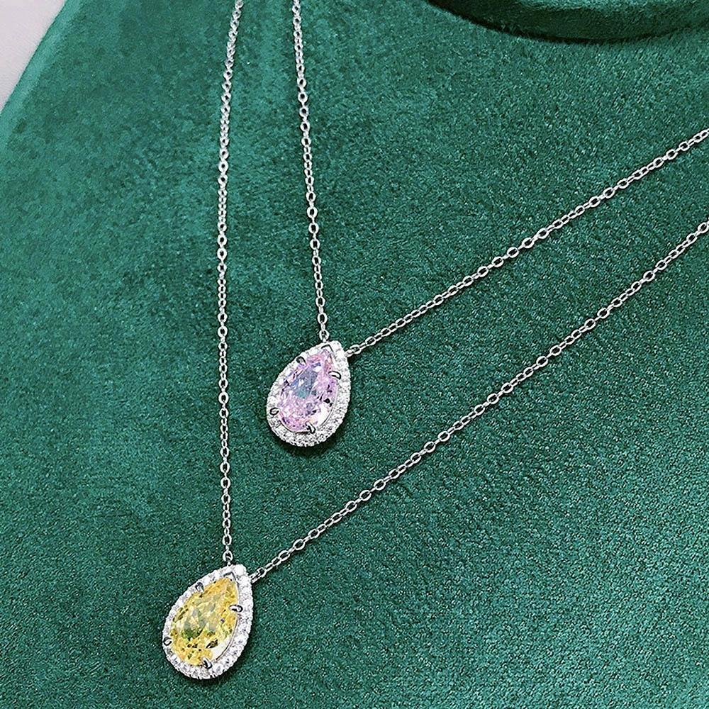 Luxury Female Crystal Yellow Pink Zircon Stone Water Drop Pendant Necklace Vintage Silver Color Wedding  For Women