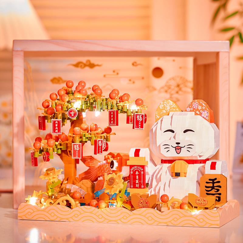 Kawaii Maneki Neko Mini Building Blocks Assembled Cartoon Lucky Cat Bricks Model Wealthy Cat Block Toy Figures For Gift