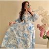 Women's Printed Long Hem Dress with V-neck and Irregular Strap Design Casual Waist Cinching Versatile and Elegant Women's Dress for Daily Wear