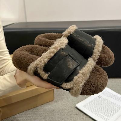 Cowhide Version! Woolen Shoes, Niche Design, Lamb Wool Thick-soled Outer Wear, Velvet One-word Slippers, Women's Autumn and Winter