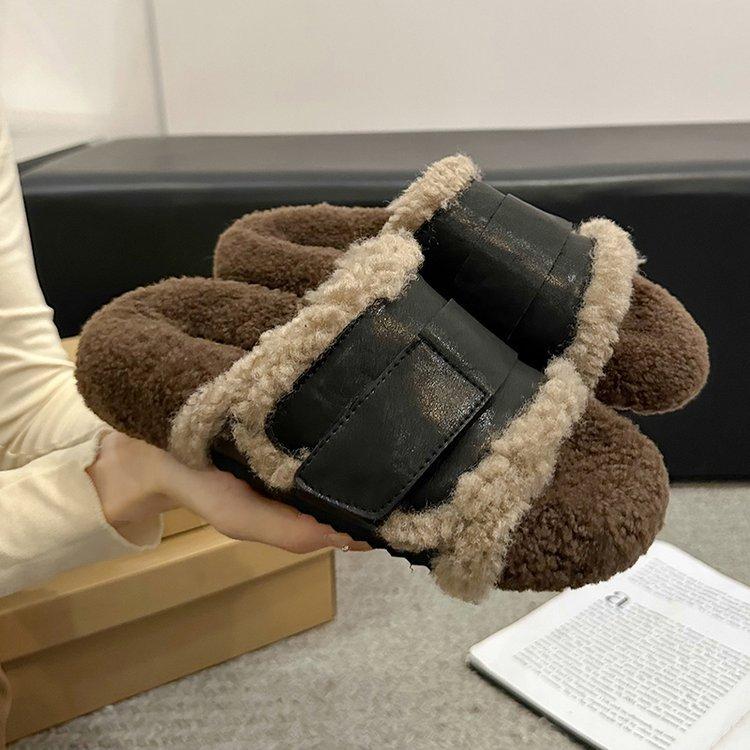 Cowhide Version! Woolen Shoes, Niche Design, Lamb Wool Thick-soled Outer Wear, Velvet One-word Slippers, Women's Autumn and Winter