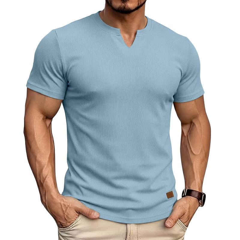 Men Ribbed Knit Notch Neck Short Sleeve T-Shirt S синий