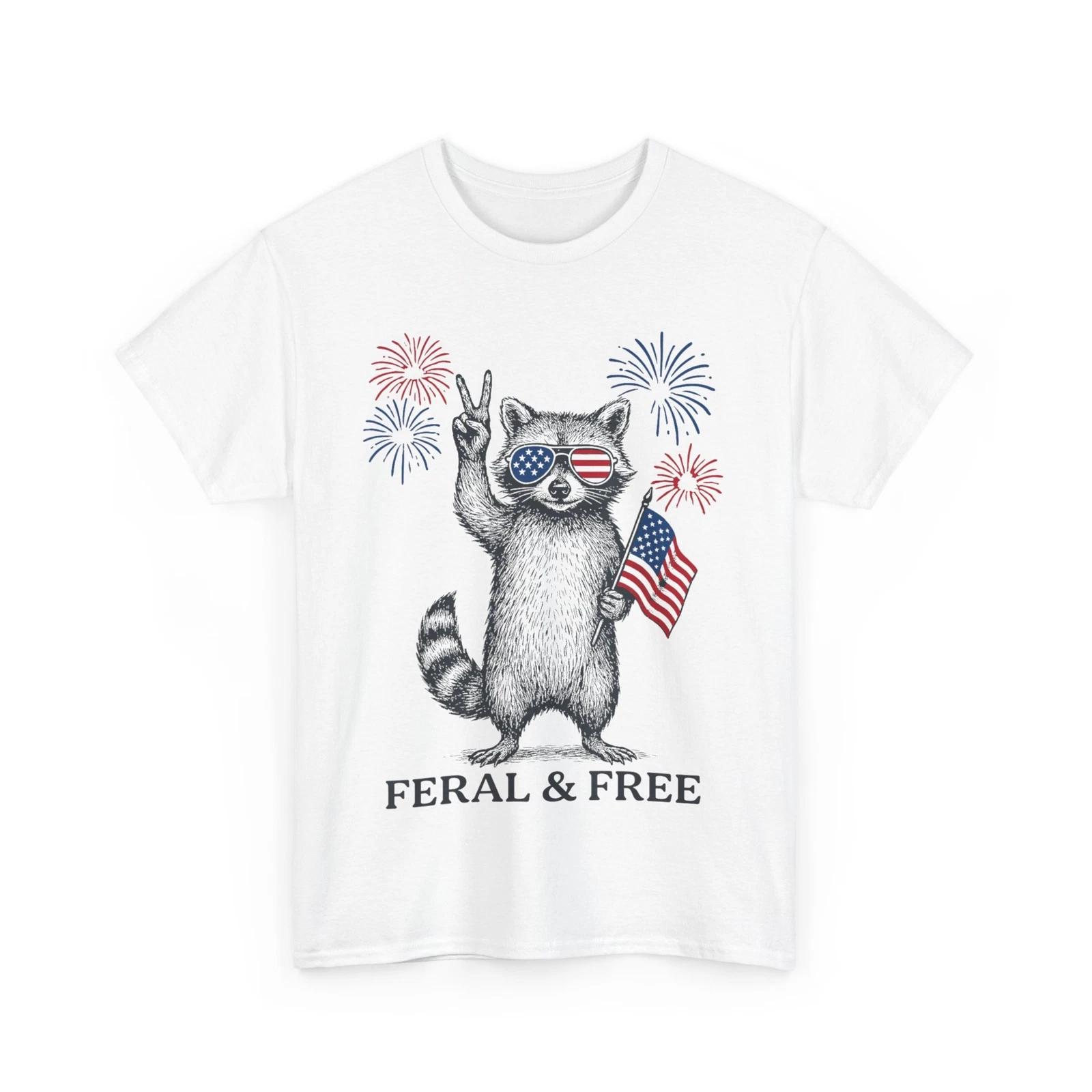 Feral & Free Raccoon 4th of July American Flag Women Men Patriotic Shirt L