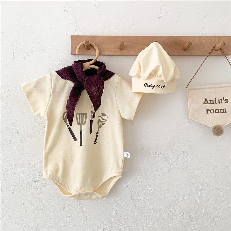 

Korean Children s Clothing, Baby Summer Outfit, Chef-Style Q-Shaped Romper, Newborn Long-Sleeve Triangle Jumpsuit with Hat Beige 73CM