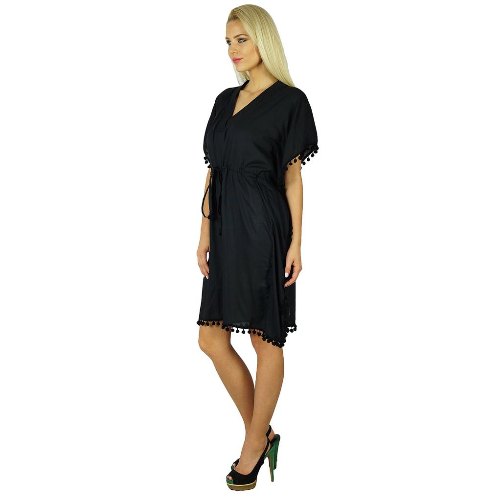 Bimba Women Cotton Kaftan With Pom Pom Tassels Short Caftan Beach Coverup