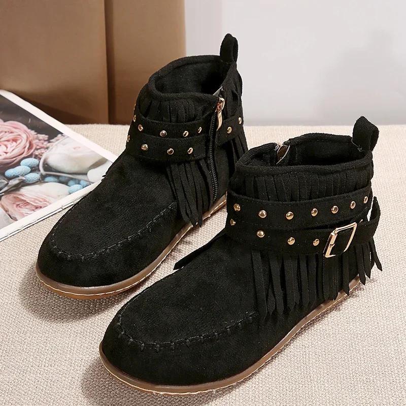 Fashion Women Winter Large Size Rivet Boots Woman Retro Ethnic Western Cowboy Boots Block Flat Heels Tassel Fringe Ankle Boots