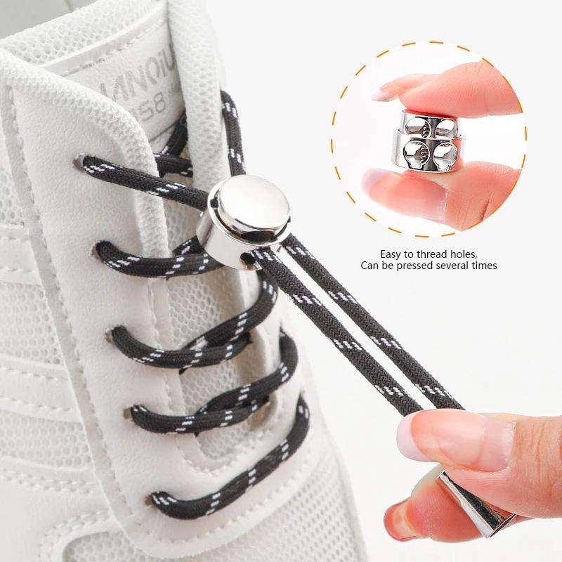1Pair Round Elastic Laces Sneakers Lock Shoe Laces Without Ties Metal Buckle Laces Kids Adult No Tie Shoelaces Shoes Accessories