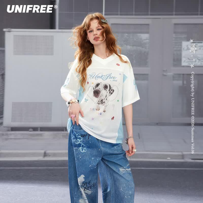 UNIFREE Animal Print V-neck T-shirt S