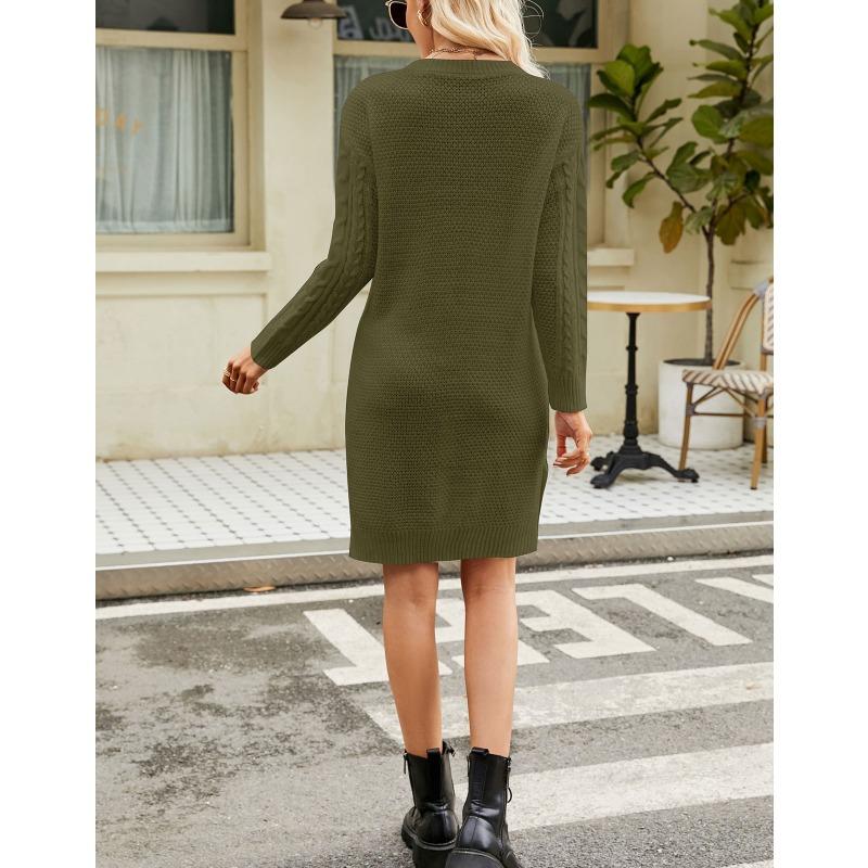 Women's Autumn/winter Twisted Flower Medium Length Solid Color Split Loose Pullover V-neck Sweater Dress