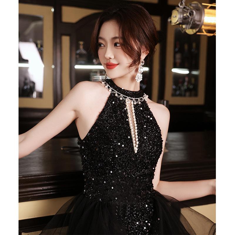Black small evening dress women's light wedding dress banquet temperament sequins light luxury niche celebrity dress neck evening dress
