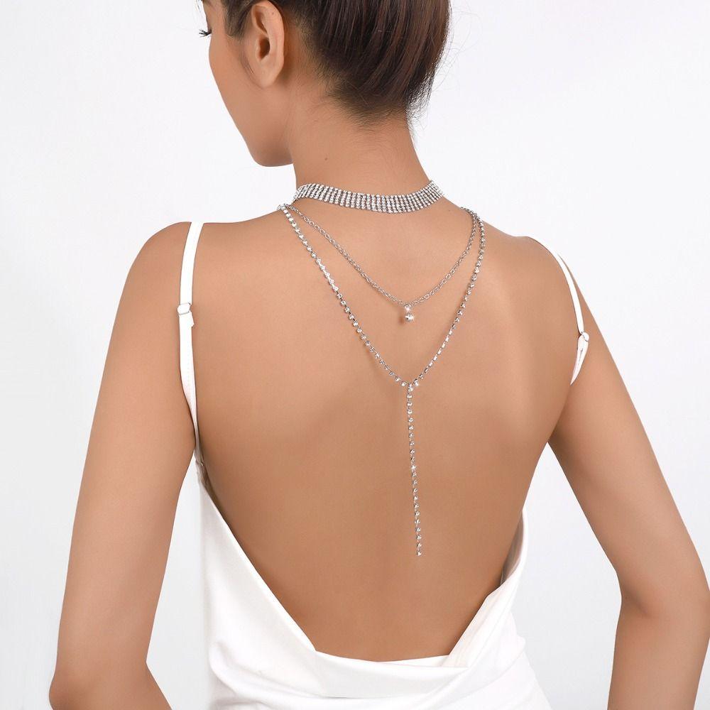 Gold Back Chain Metal Rhinestone Necklace Retro Multi-Layer Necklace  Wedding