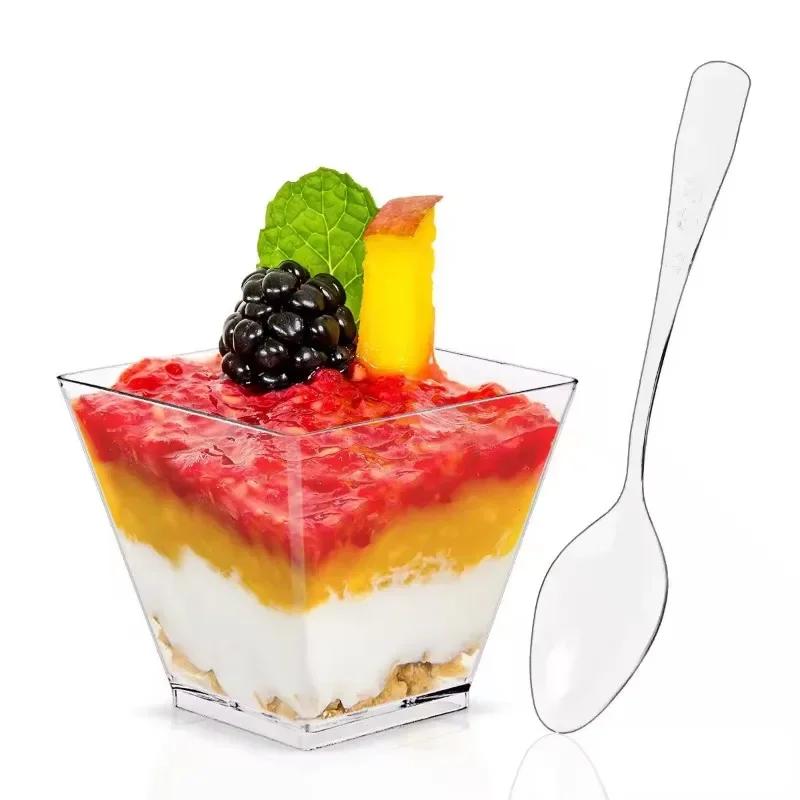 60ml 50Pcs Clear Plastic Party Ice Cream Cups with Lids and Reusable Spoons for Tasting Appetizers Serving Bowl