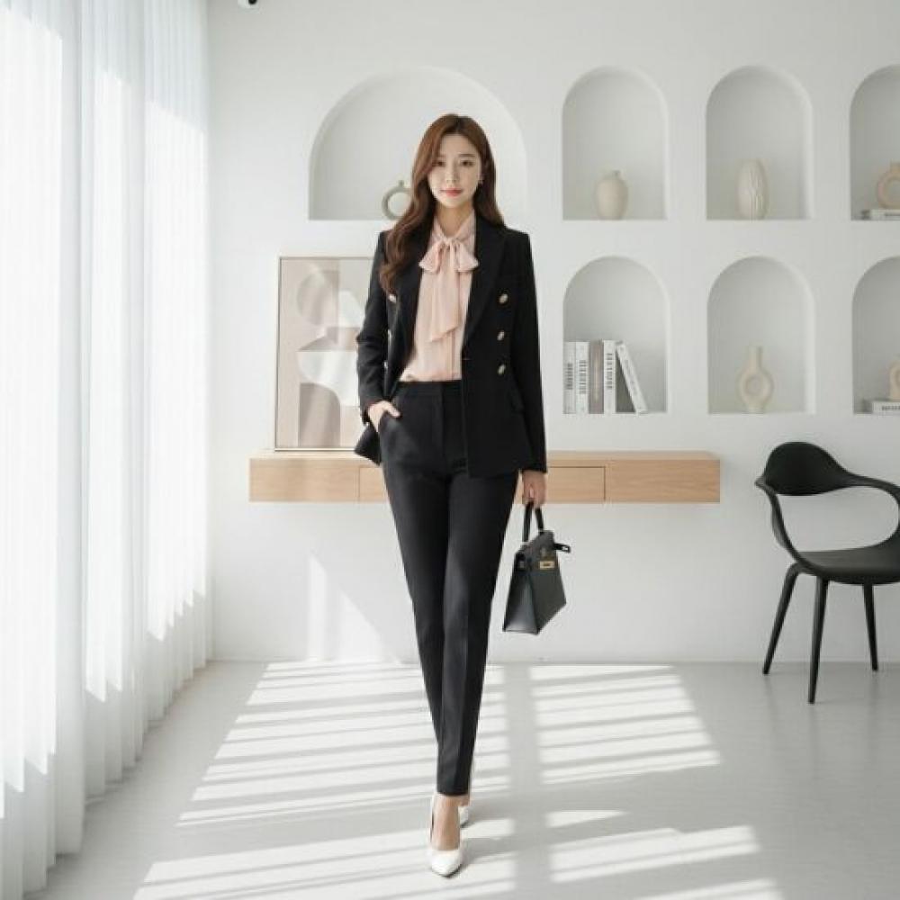 Style Latte Women Suit Setup Double Jacket Stretch Slacks Two Piece Suit Set
