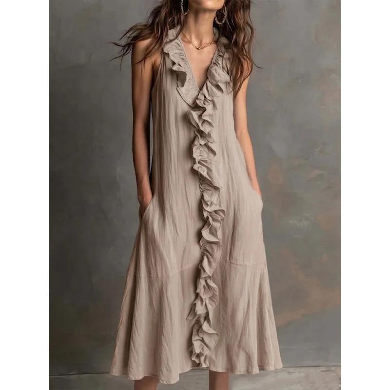 QICED Fashion Summer Spring Solid Color Print Sleeveless V-Neck Casual Dresses