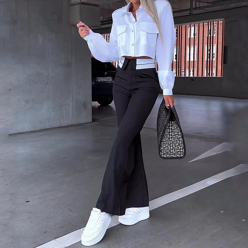 Women Two Piece Set Autumn Office Simple Solid Lapel Long Lantern Sleeve Single Breasted Button Shirt Top Loose Pants Set 2024 New