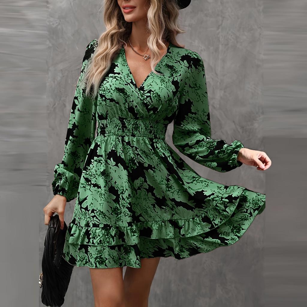 Women's Summer Casual Fashion V Neck Ruffle Waist Floral Print Midi Dress
