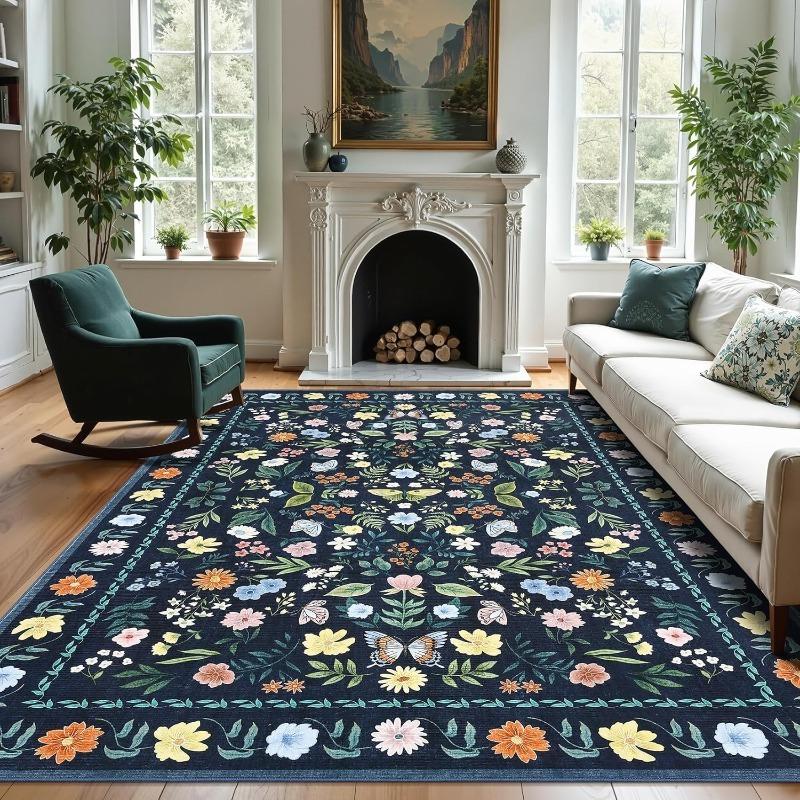 Aesthetic Flowers Carpet for Living Room Machine Washable Sofa Coffee Table Non Slip Floor Mat Home Bedroom Bedside Soft Rug