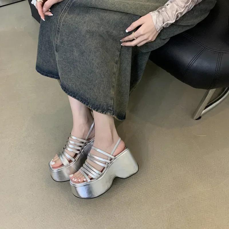 Stříbrné sandály na klínku Dámské Boty na platformě Černý pásek Vysoké podpatky Gladiátor Robustní letní klínky na podpatku Zapatos De Mujer