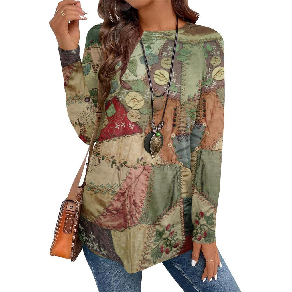 Women's Casual Plus SizeLong Sleeved Round Neck Vintage Ethnic Printing T-shirt Top Pullover