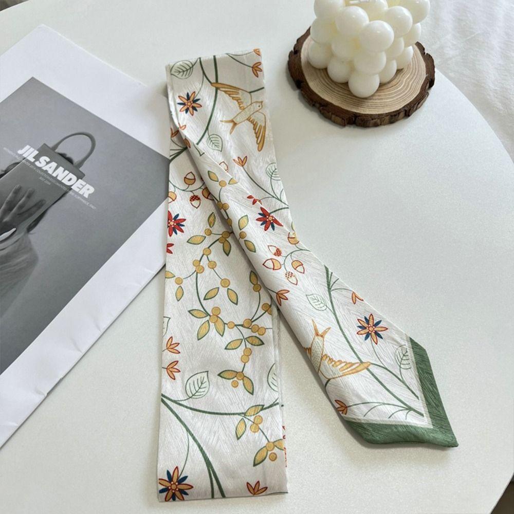 Long Thin Hair Tie Fresh Floral Fashion Accessory Trendy Satin Silk Ribbon Scarf  for Women