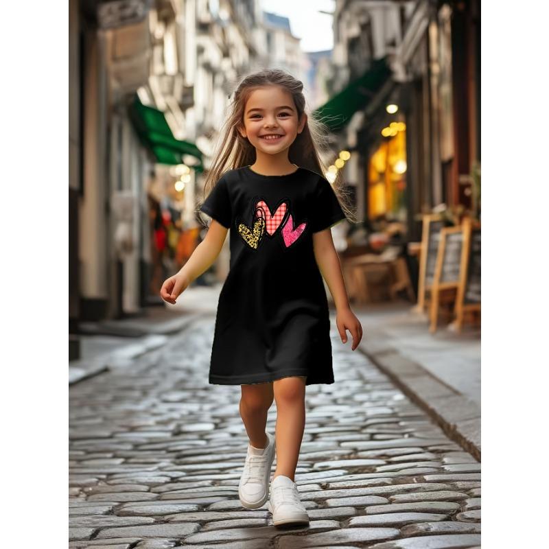 Creative Love Pattern Printed Casual Dress for Summer Clothing for Preschool Girls,