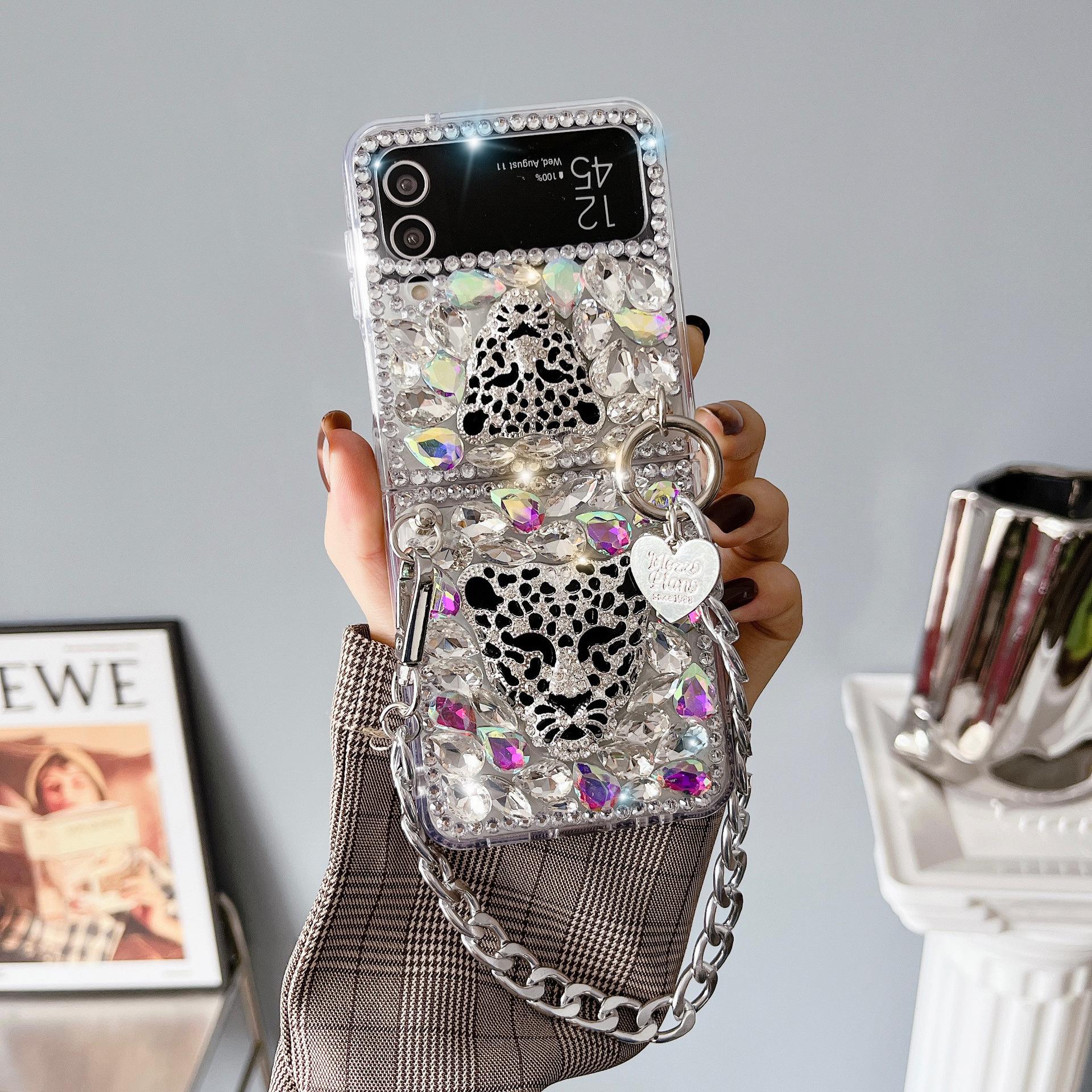Phone Cases Samsung,Luxury Full Rhinestone Phone Case with Leopard Head & Wrist Strap, Full Coverage Samsung zflip 1/2