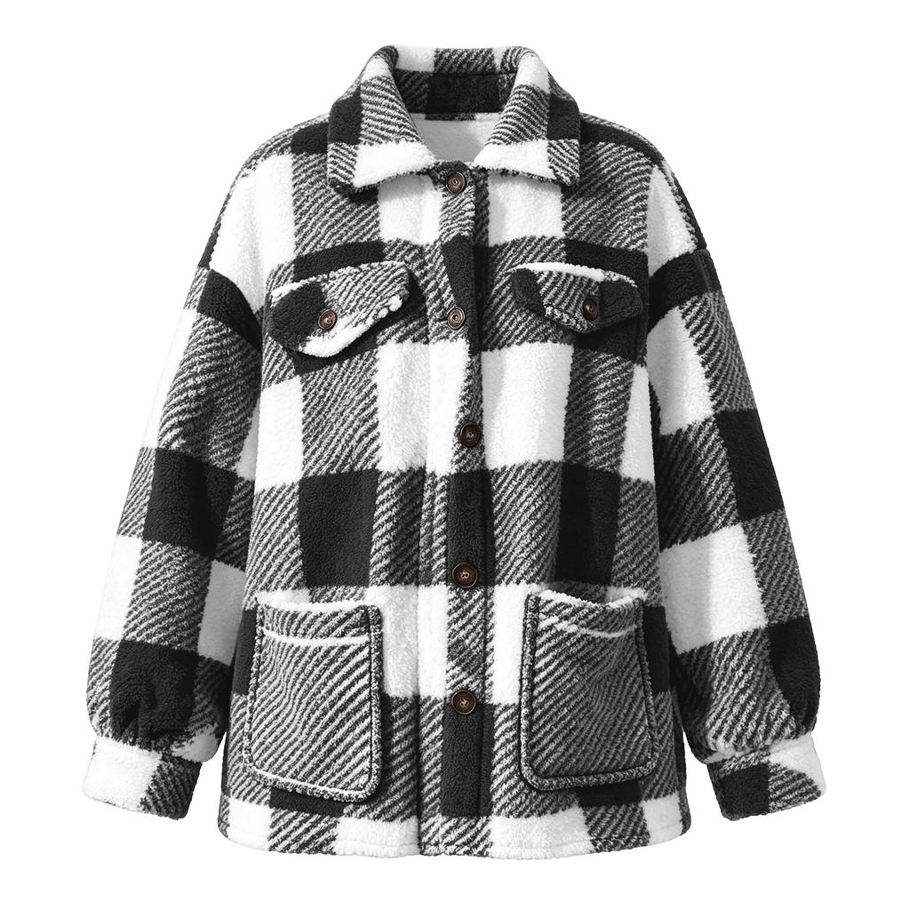 Damen Karojacke mit Taschen Knopfleiste Wintermantel für Freizeit und Alltag