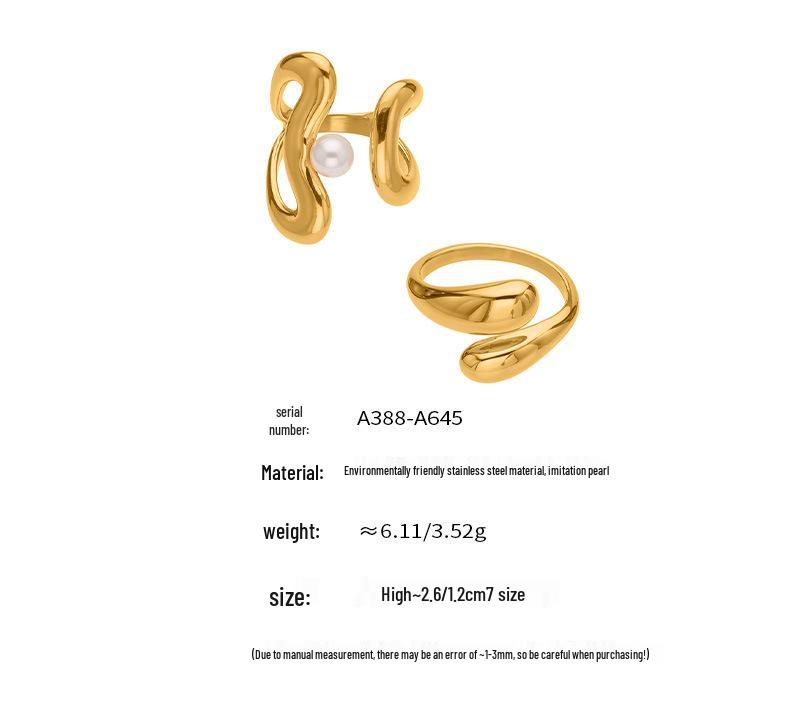 Oumaijia Stainless Steel Geometric Pearl Open Ring - Fashionable Non-fading Jewelry