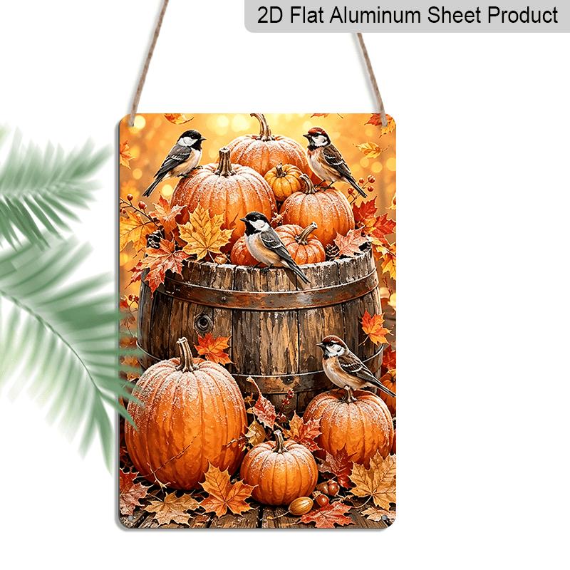 2D Flat, 1pc Thanksgiving Pumpkin Bird Farmhouse Wall Aluminum Sign, Thanksgiving Party Decor, Dining Room Wall Art, Kitchen Farmhouse Decor, Fall