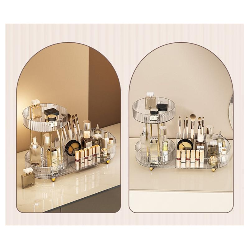 Rotating Makeup Organizer For Vanity, 2 Tier Perfume Cosmetic Skincare Organizers With Makeup Brush Holder
