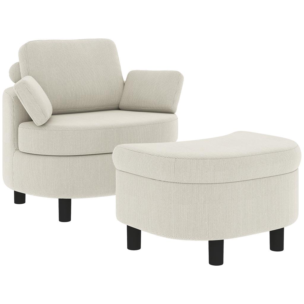 Armchair Lounge Chair with Storage Stool, Cushion Cream White