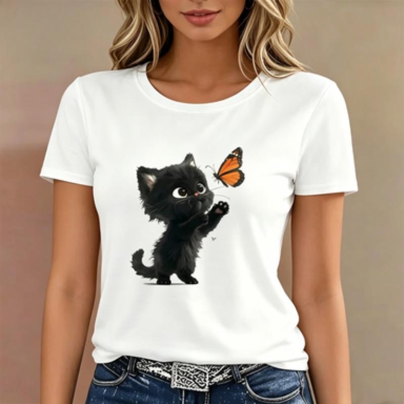 Unisex Print Tshirt Cute Kitten Graphic Casual Short Sleeve Round Neck Tee Top Fashion Animal Lover Shirt White Black