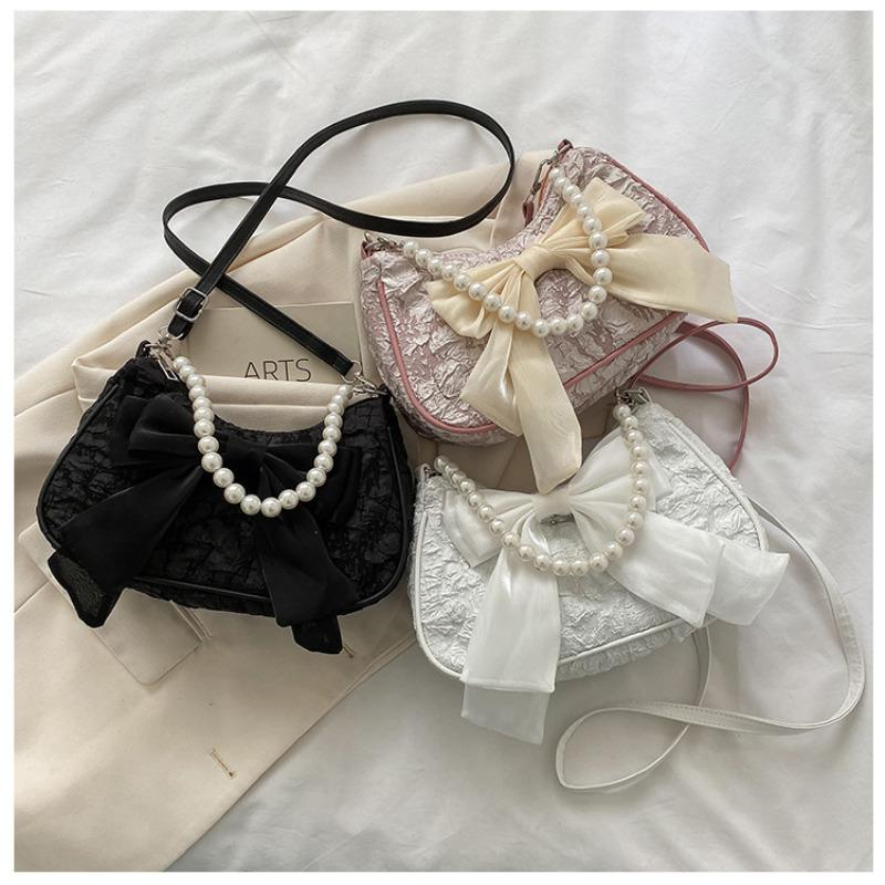 Women's Faux Leather Bowknot Shoulder Bag, Retro Pearl Decorated Crossbody Purse, Small Square Satchel for Daily Wear