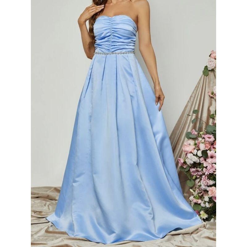 Export Single Elegant Stylish Beautiful All-Match Wrapped Chest Ruched Smooth Fabric Diamond Decorations White Fashion Banquet Dress